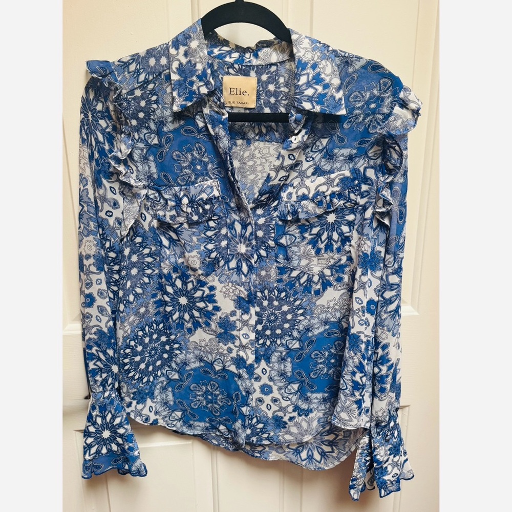 ELIE TAHARI Mandala Ruffle Semi Sheer Blue and White Long sleeve Blouse size XS